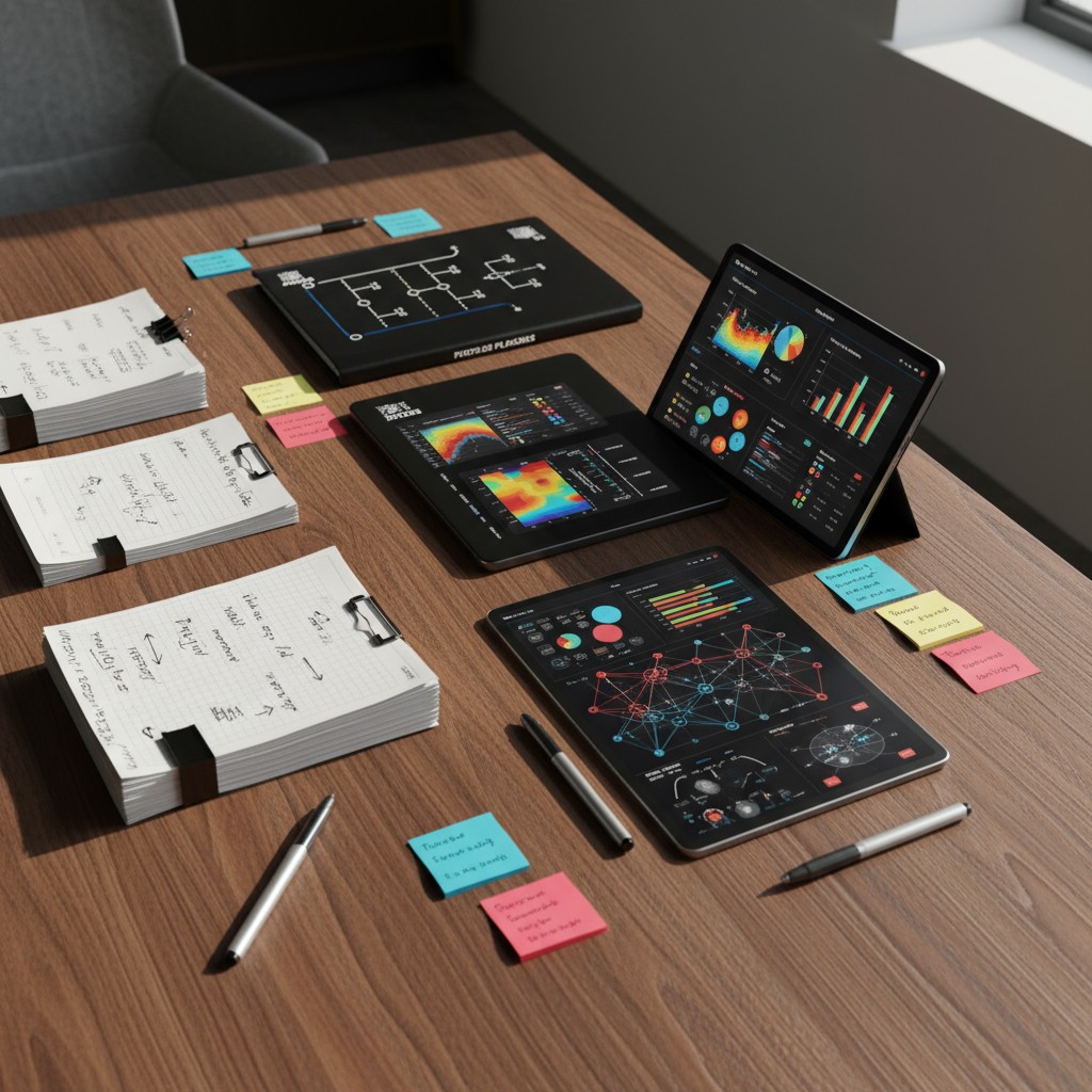 An assortment of tablets and pads protruding from or located atop a brown wooden desk, surrounded by various neatly stacke...